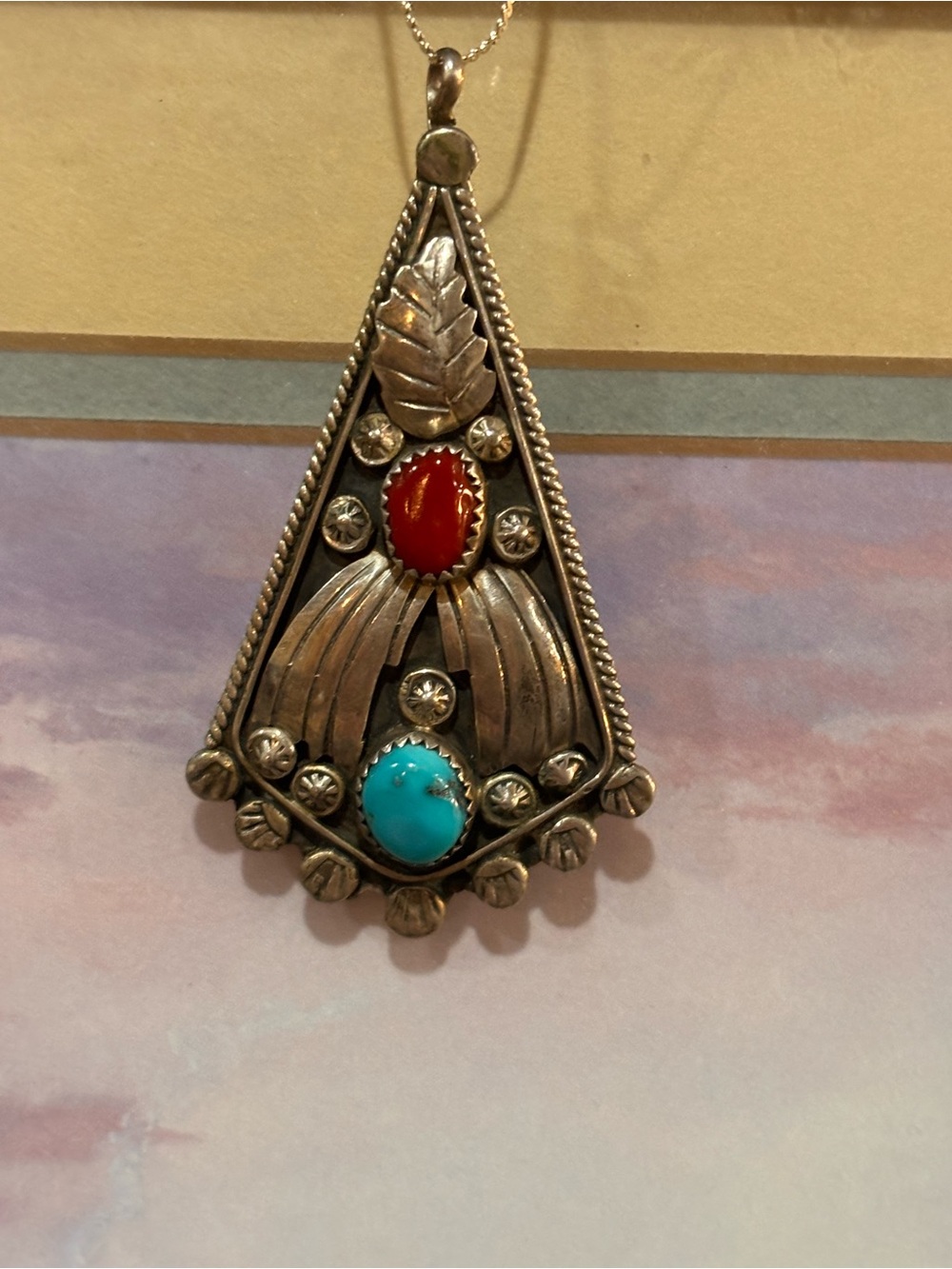 Navajo T. Thomas Sterling turquoise and coral necklace